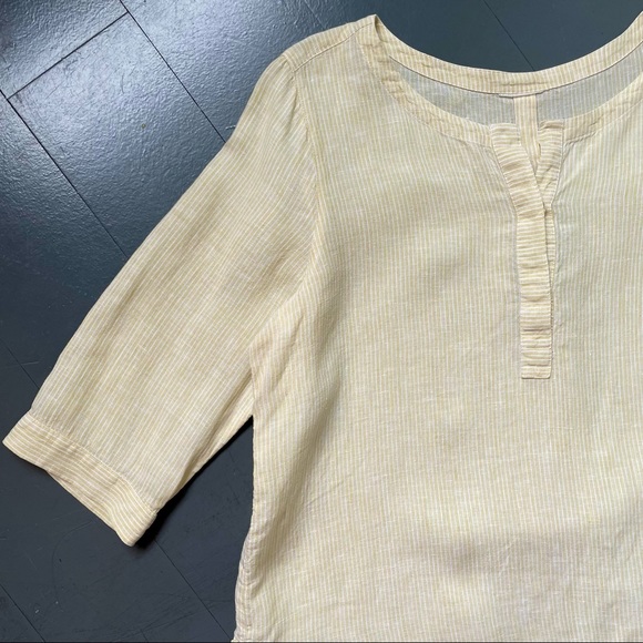 100% Linen Top Minimalist Large Buttery Yellow White Striped Casual Blouse Shirt - Picture 2 of 9